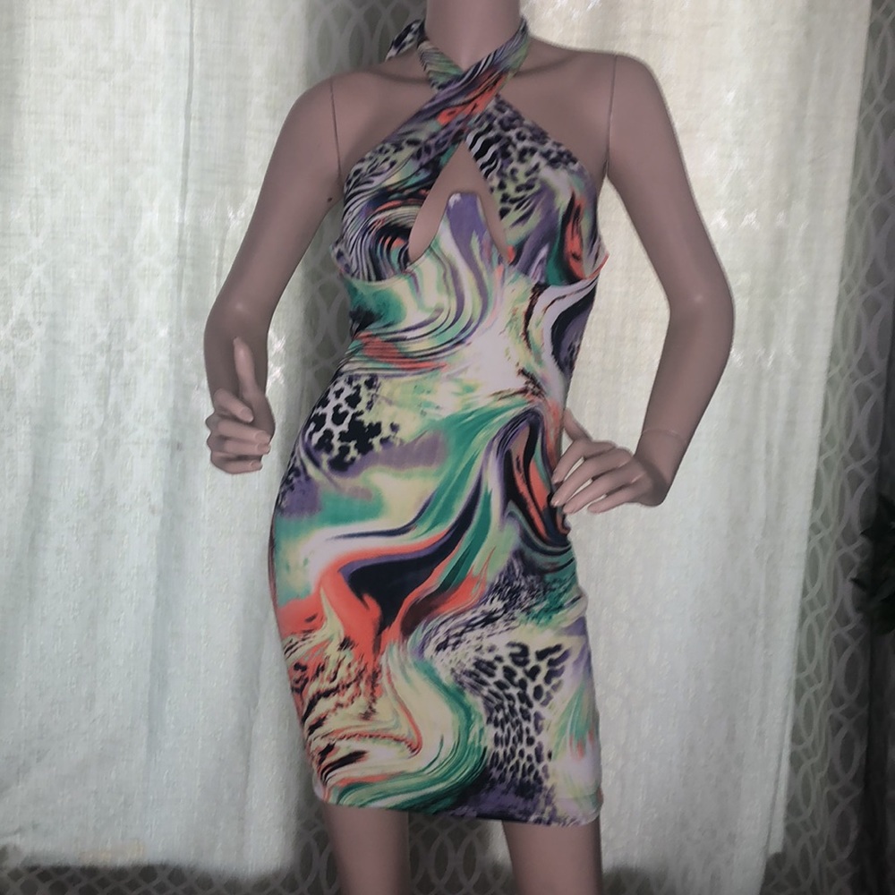 MULTI COLOR CROSSED FRONT CUT-OUT MINI DRESS - Picture 6 of 9
